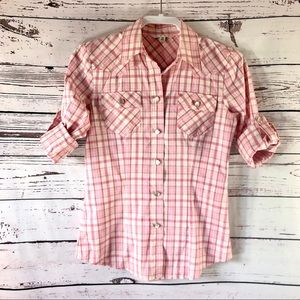 Cabi Pink Plaid Western Button Up 3/4 Sleeves